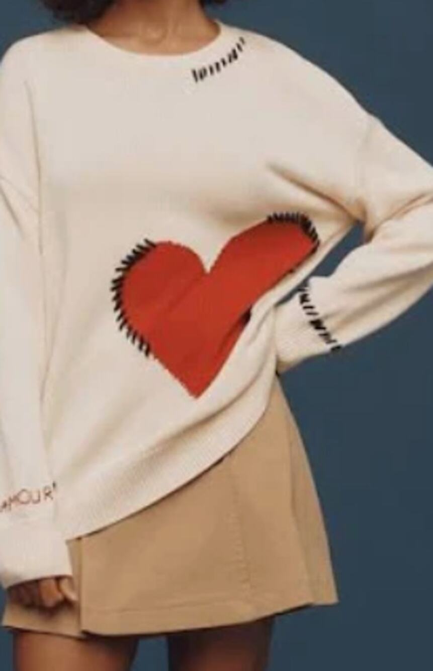 Maeve Crewneck Whipstitch Heart Icon Sweater Amour Oversized Large Valentines